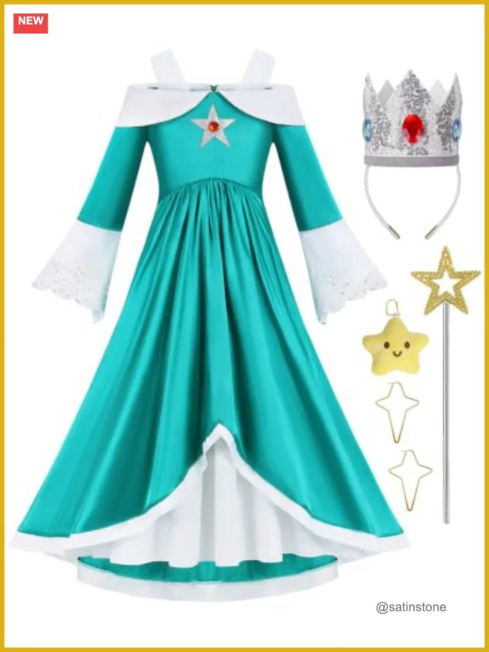 Girls Celestial Princess Costume Set Dress Crown Wand Earrings Star Charm